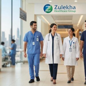 Healthcare professionals working at Zulekha Healthcare Group hospital in the UAE representing career opportunities and latest job vacancies.