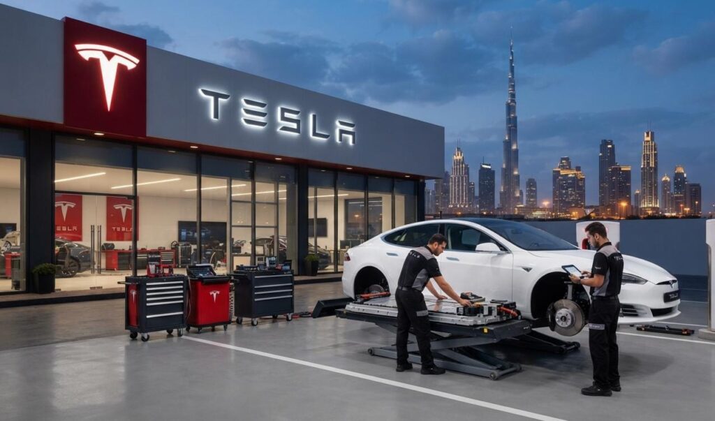 Tesla Careers UAE 2026: Service Supervisor and Service Technician Jobs in Dubai – Apply Now for the Latest Vacancies 1 Tesla electric vehicle service center in Dubai highlighting career opportunities for Service Supervisors and Service Technicians in the UAE.