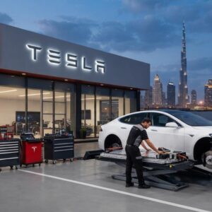 Tesla electric vehicle service center in Dubai highlighting career opportunities for Service Supervisors and Service Technicians in the UAE.