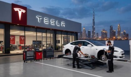 Tesla electric vehicle service center in Dubai highlighting career opportunities for Service Supervisors and Service Technicians in the UAE.