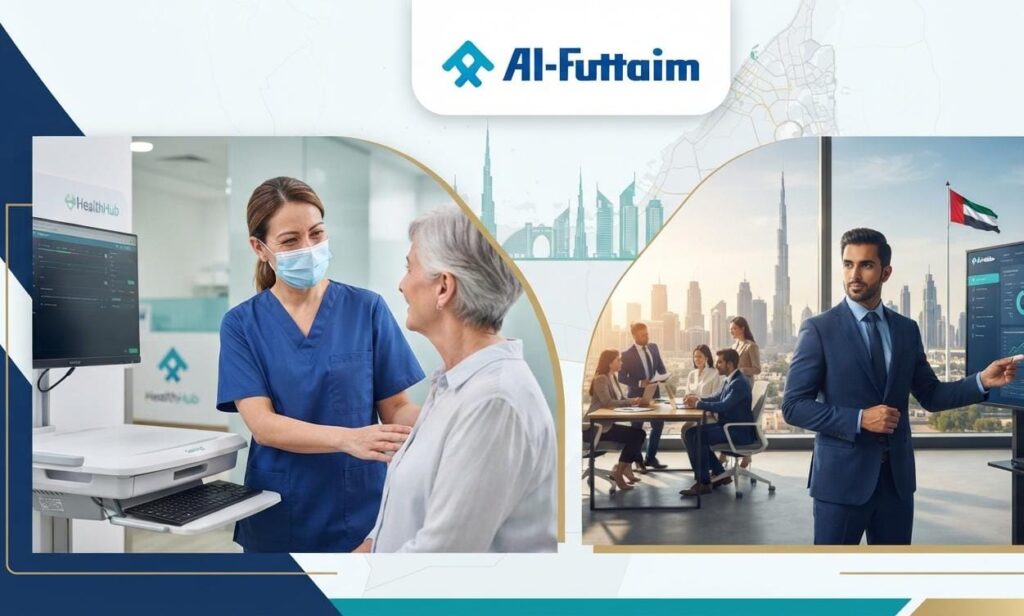 Healthcare professionals and retail employees representing Al-Futtaim Group career opportunities in Dubai, UAE.