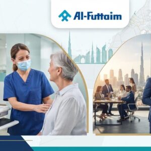 Healthcare professionals and retail employees representing Al-Futtaim Group career opportunities in Dubai, UAE.