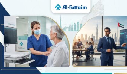 Healthcare professionals and retail employees representing Al-Futtaim Group career opportunities in Dubai, UAE.