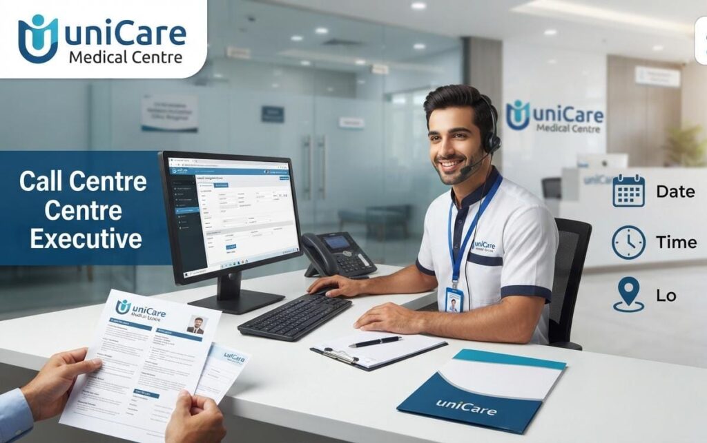 Candidate attending a walk-in interview for a Call Centre Executive position at uniCare Medical Centre in Dubai.