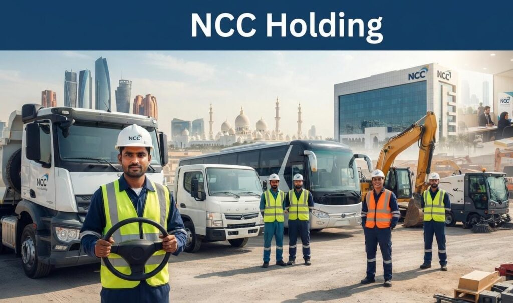 NCC Holding Open Day Recruitment in Abu Dhabi for Light Duty Driver, Heavy Duty Driver, Heavy Equipment Driver, and Road Sweeper Machine Operator positions.