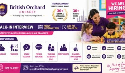 British Orchard Nursery UAE recruitment banner featuring teaching and support staff job openings, including Principals, Teachers, Teaching Assistants, Receptionists, and Housekeeping Staff, with a classroom setting and childcare theme.