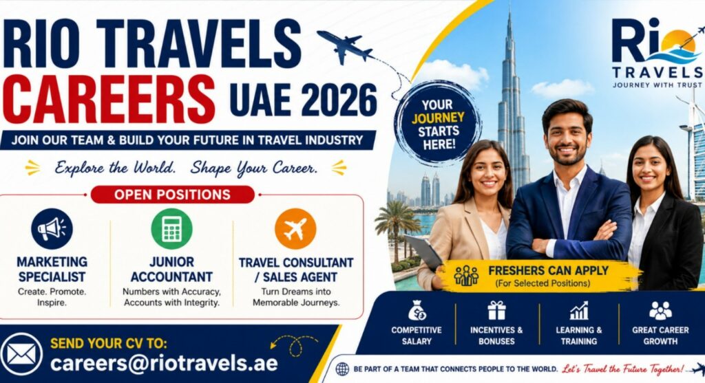 Rio Travels UAE recruitment banner highlighting vacancies for Marketing Specialist, Junior Accountant, and Travel Consultant/Sales Agent positions.