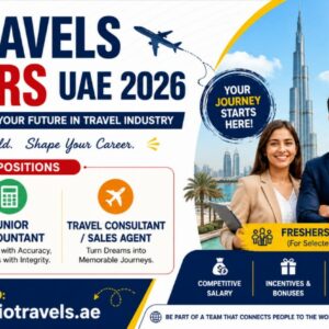 Rio Travels UAE recruitment banner highlighting vacancies for Marketing Specialist, Junior Accountant, and Travel Consultant/Sales Agent positions.