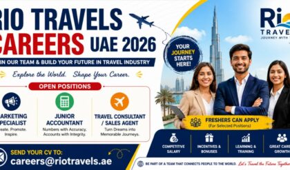 Rio Travels UAE recruitment banner highlighting vacancies for Marketing Specialist, Junior Accountant, and Travel Consultant/Sales Agent positions.