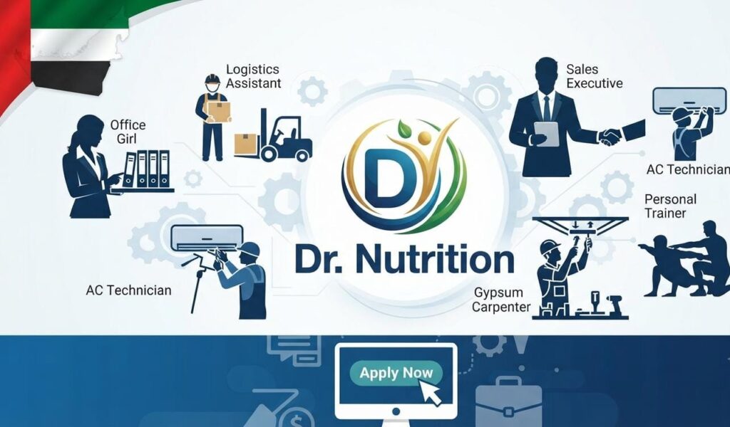 Dr. Nutrition UAE announces multiple job vacancies for Sales Executive, Personal Trainer, Logistics Assistant, AC Technician, Office Girl, and other positions in 2026.