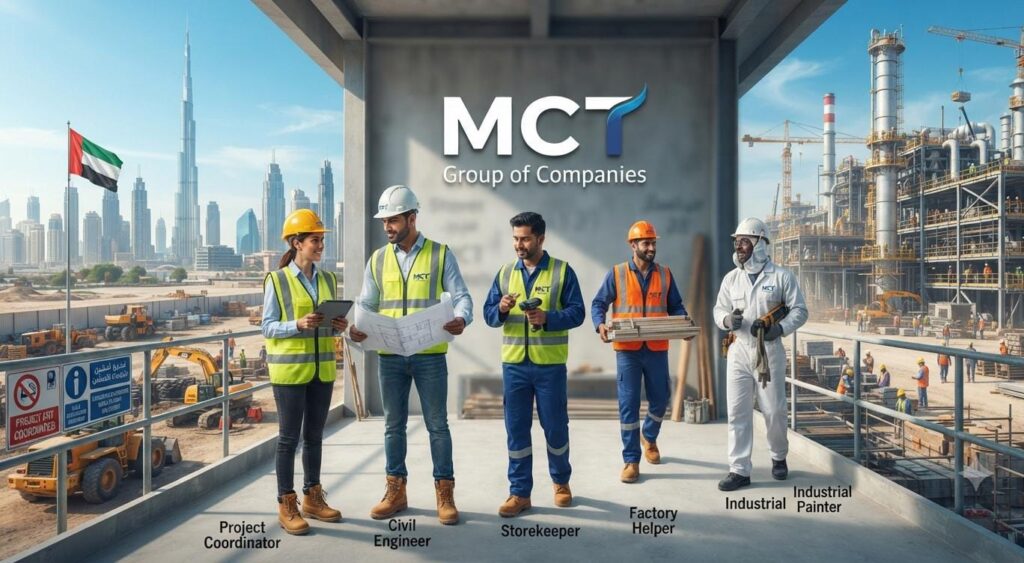 MCT Group of Companies UAE recruitment for Project Cum Admin Coordinator, Civil Engineer, Driver, Factory Helper, Painter, Storekeeper, QA/QC, and Senior Site Supervisor positions.