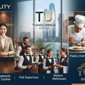 TU Holdings Group walk-in interview in Abu Dhabi for HR Officer, Receptionist, Waiter, Pastry Chef, Sushi Chef, Bartender, Barber, Driver, and other hospitality jobs.