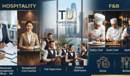 TU Holdings Group walk-in interview in Abu Dhabi for HR Officer, Receptionist, Waiter, Pastry Chef, Sushi Chef, Bartender, Barber, Driver, and other hospitality jobs.