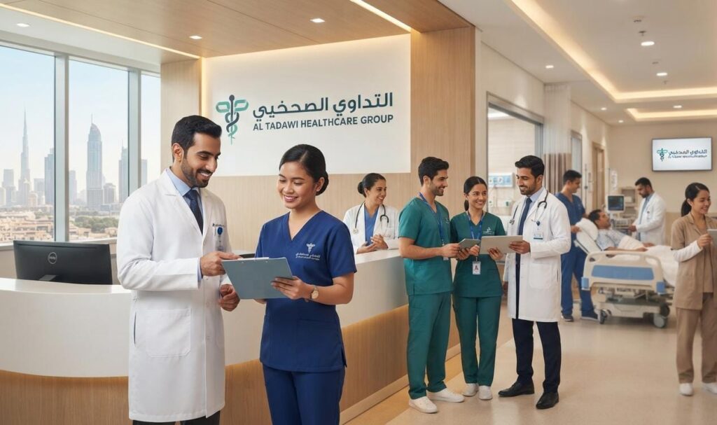 Healthcare professionals at Al Tadawi Healthcare Group hospital in Dubai representing modern medical services and career opportunities in the UAE healthcare sector.