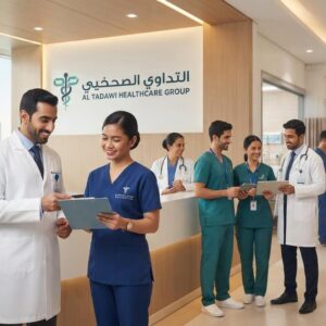 Healthcare professionals at Al Tadawi Healthcare Group hospital in Dubai representing modern medical services and career opportunities in the UAE healthcare sector.