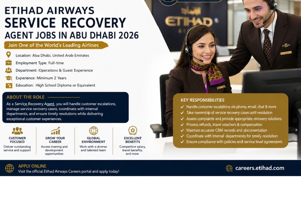 Recovery Agent Jobs : Etihad Airways Service Recovery Agent Jobs in Abu Dhabi 2026 | Apply Online for Full-Time Customer Service Careers 1 jobs 45