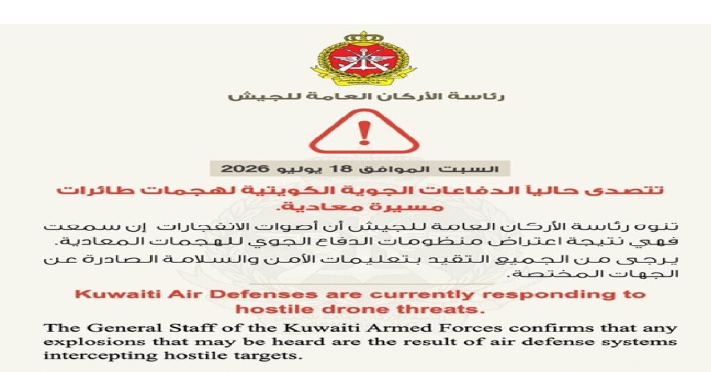Kuwait hostile drone attack :കുവൈത്തിൽ ഡ്രോൺ ആക്രമണശ്രമം; വ്യോമ പ്രതിരോധ സംവിധാനം സജീവം, പൊട്ടിത്തെറി ശബ്ദങ്ങളിൽ ആശങ്കപ്പെടേണ്ടെന്ന് സൈന്യം 1 kuwait 444