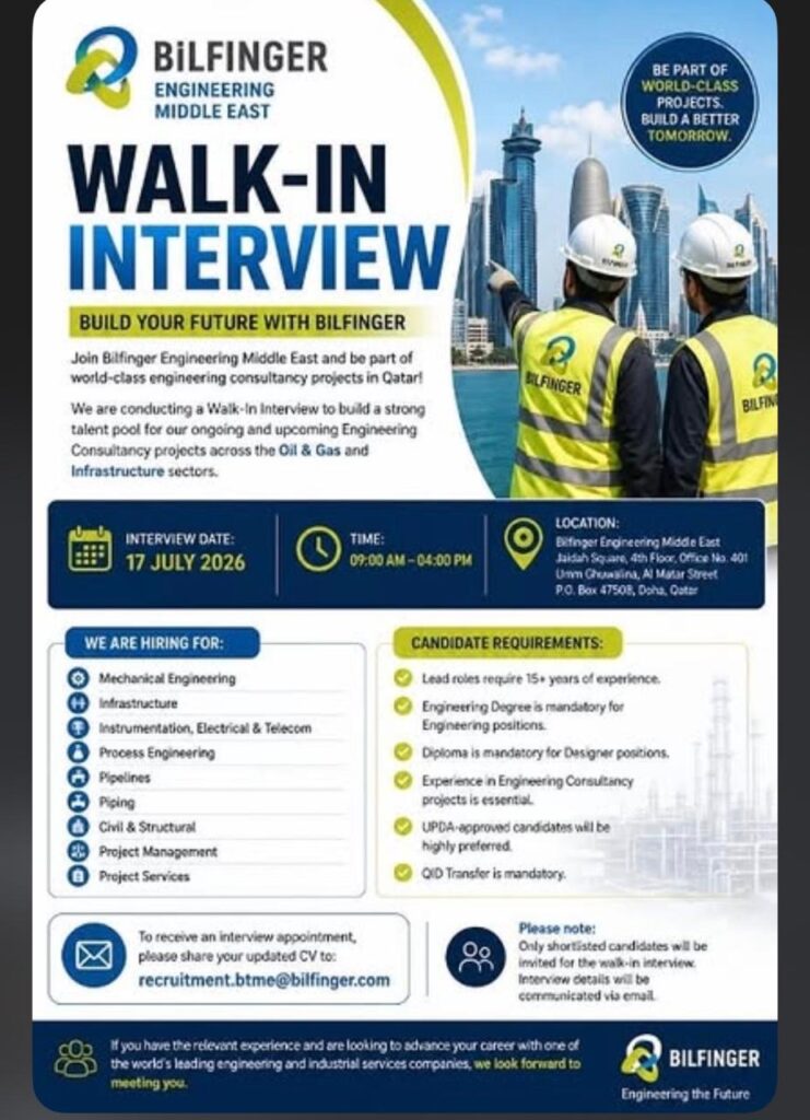 Bilfinger Engineering Middle East Walk-in Interview 2026: Qatar Engineering Consultancy Jobs Announced | Apply for Multiple Vacancies 2 qatar jobs