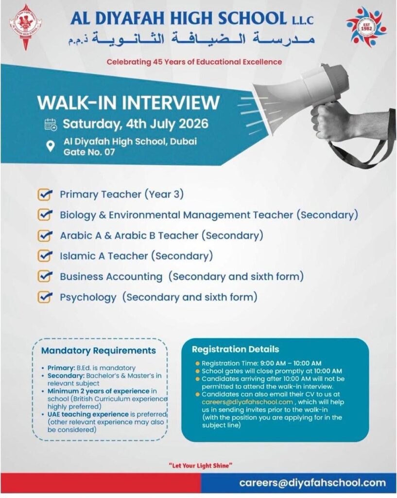 Al Diyafah High School Dubai Announces Walk-In Interview for Teaching Jobs | Apply on 4 July 2026 2 school 1233