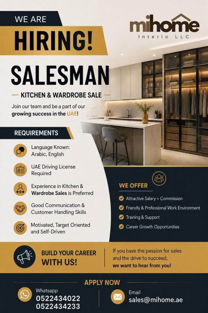 Salesman Jobs : MiHome Interio LLC Careers 2026 – Salesman Jobs in UAE 2 JOBSSSSS