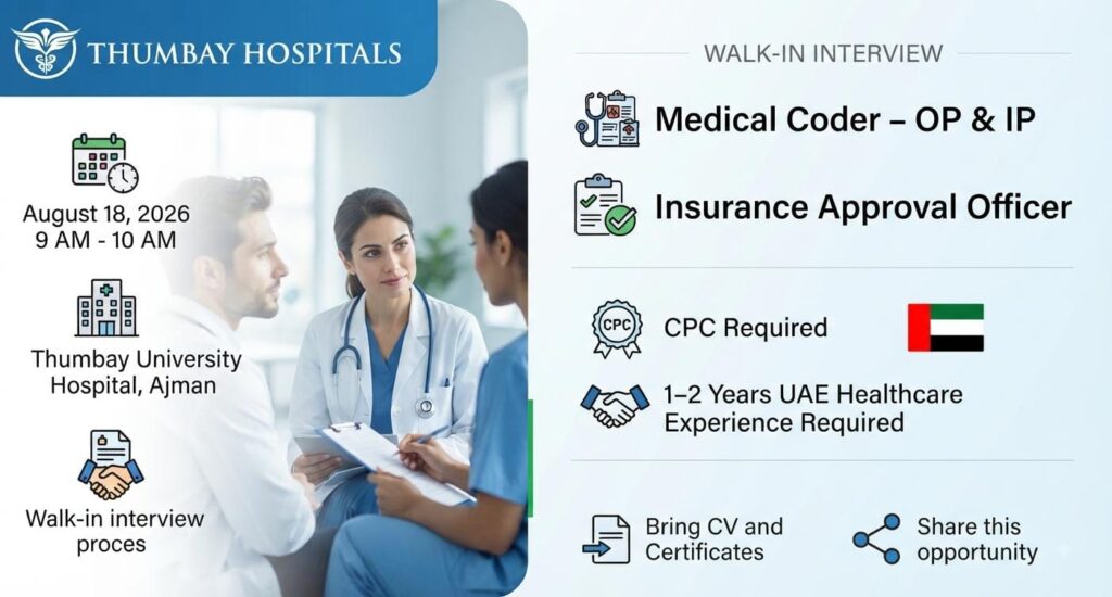 Thumbay Hospitals Announces Walk-in Interview for UAE Healthcare Jobs|Apply Now For The Latest Vacancies 1 Thumbay Hospitals Walk-in Interview 2026 for Insurance Approval Officers and Medical Coders in Ajman, UAE
