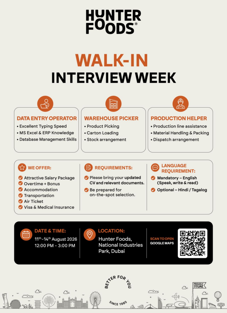 Hunter Foods Dubai Jobs 2026: Walk-In Interview for Multiple Vacancies|Apply Now For Latest Vacancies 2 image 1