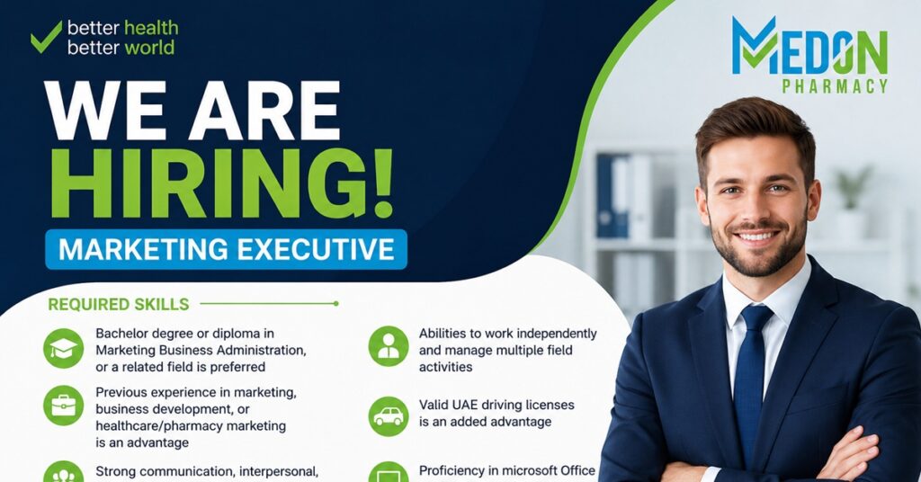 Medon Pharmacy Careers 2026: Marketing Executive Vacancy in UAE 1 jobs 78945