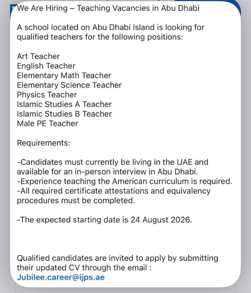 International Jubilee Private School Abu Dhabi Careers 2026: Multiple Teaching Vacancies | Apply Now 2 jobsssssss
