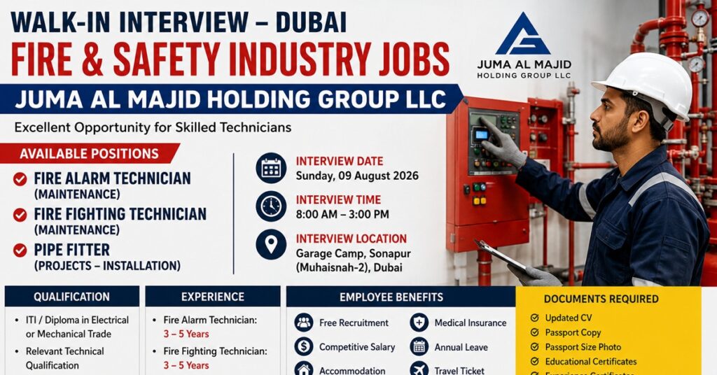 Dubai Fire & Safety Walk-In Interview 2026: Juma Al Majid Holding Group Announces Technician Jobs 1 juma