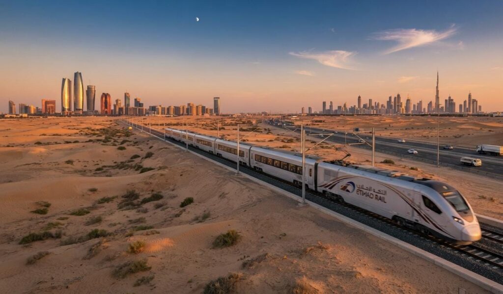 Etihad Rail service connecting Dubai and Abu Dhabi in 57 minutes