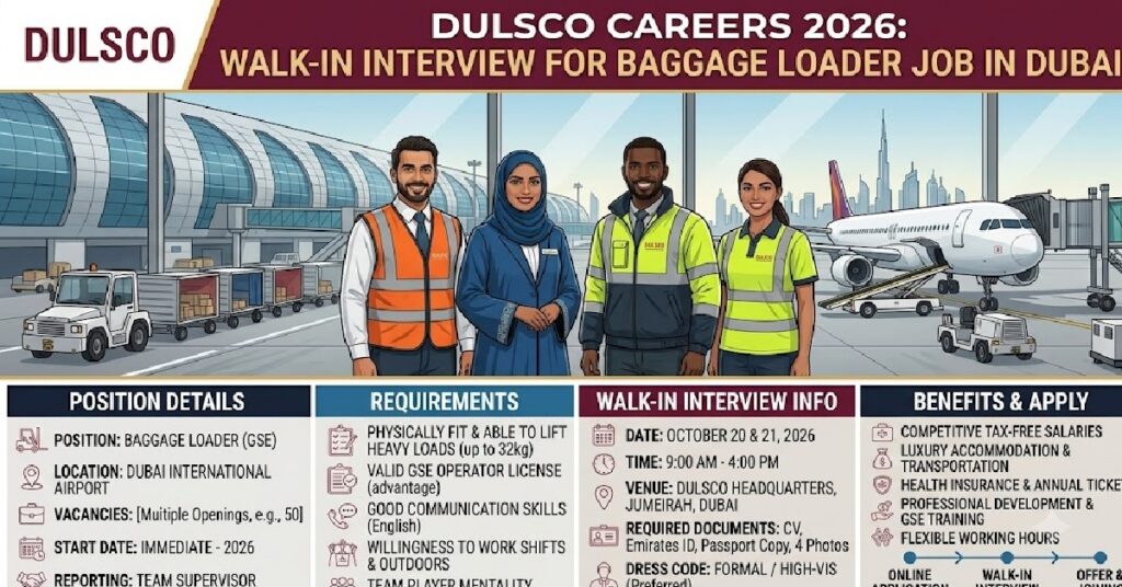 DULSCO Careers 2026 – Walk-in Interview for Baggage Loader Job in Dubai 1 airport