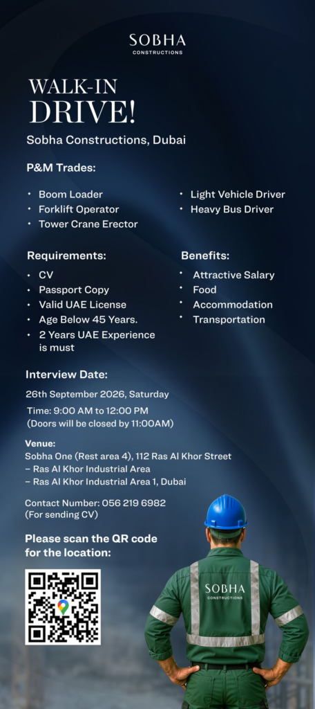 Sobha Constructions Walk-In Interview Dubai 2026: 5 Jobs Open|Apply Now For Latest Vacancies 2 image 3