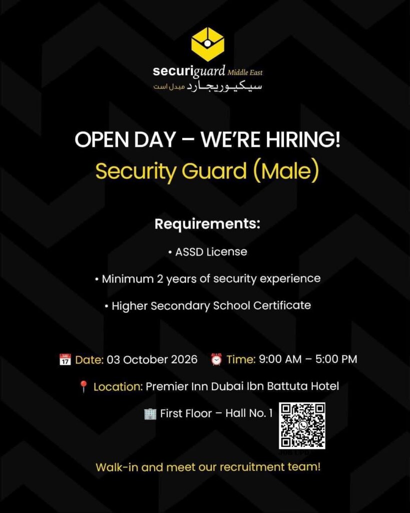 Securiguard Middle East Jobs 2026: Walk-In Interview for Male Security Guards in Dubai on October 3 2 openday