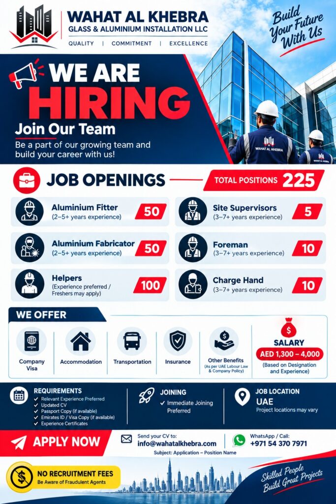 Wahat Al Khebra Glass & Aluminium Installation LLC Jobs in UAE 2026 – 225 Vacancies for Project Manager, Technical Manager, Supervisors, Fabricators & More 4 HELPER