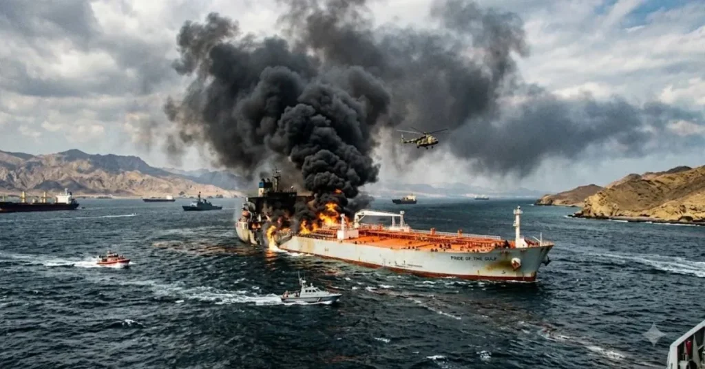 Attack on Kuwait-Flagged Tanker in the Strait of Hormuz ഹോർമുസിൽ കുവൈത്ത് ടാങ്കറിന് നേരെ ആക്രമണം; അഞ്ച് ഇന്ത്യക്കാരെ ഒമാൻ രക്ഷപ്പെടുത്തി 1 Hormuz e1791002487112