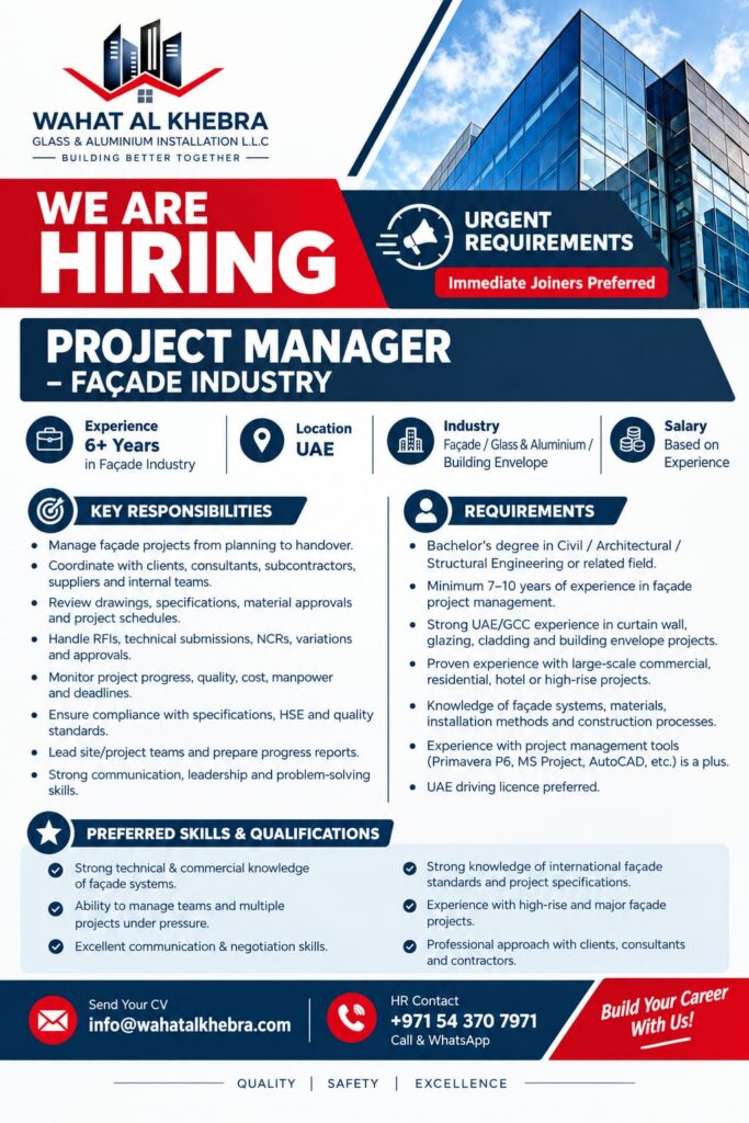 Wahat Al Khebra Glass & Aluminium Installation LLC Jobs in UAE 2026 – 225 Vacancies for Project Manager, Technical Manager, Supervisors, Fabricators & More 2 PROJECT