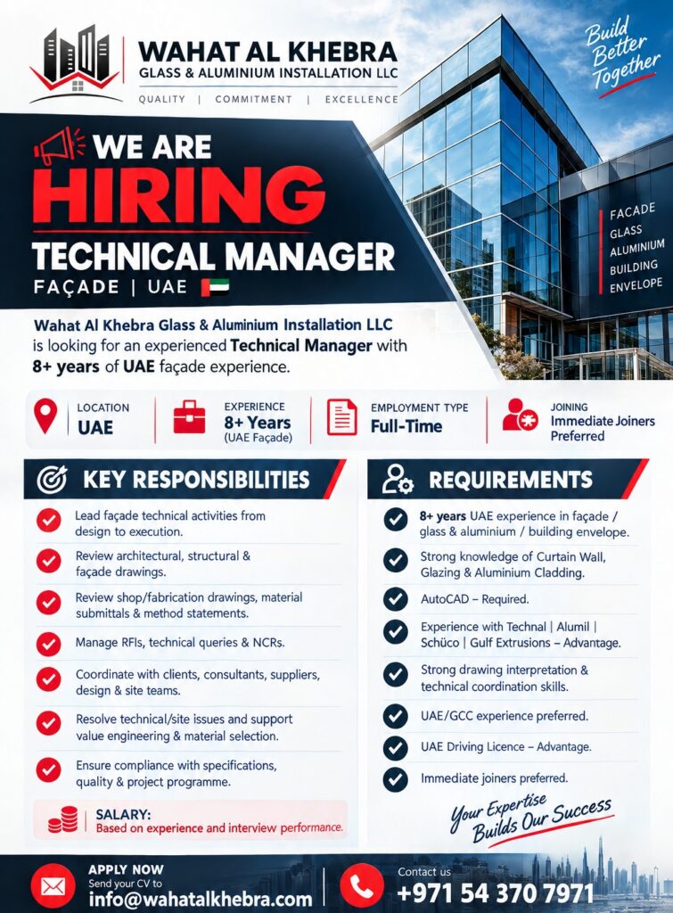 Wahat Al Khebra Glass & Aluminium Installation LLC Jobs in UAE 2026 – 225 Vacancies for Project Manager, Technical Manager, Supervisors, Fabricators & More 3 TECH