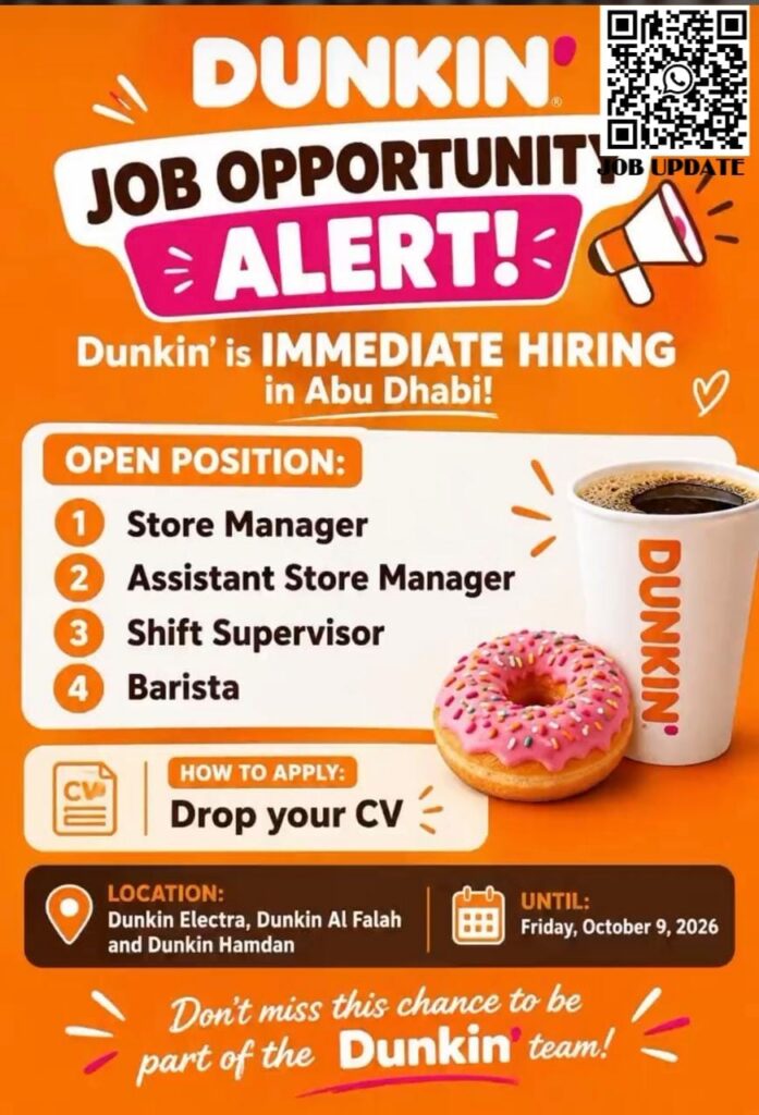Dunkin’ Jobs in Abu Dhabi 2026: Store Manager, Assistant Store Manager, Shift Supervisor and Barista Vacancies 2 dukin