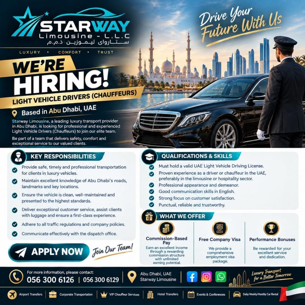 Driver Jobs : Starway Limousine Abu Dhabi Hiring Light Vehicle Drivers and Chauffeurs; UAE Driving Licence Required 2 job 777